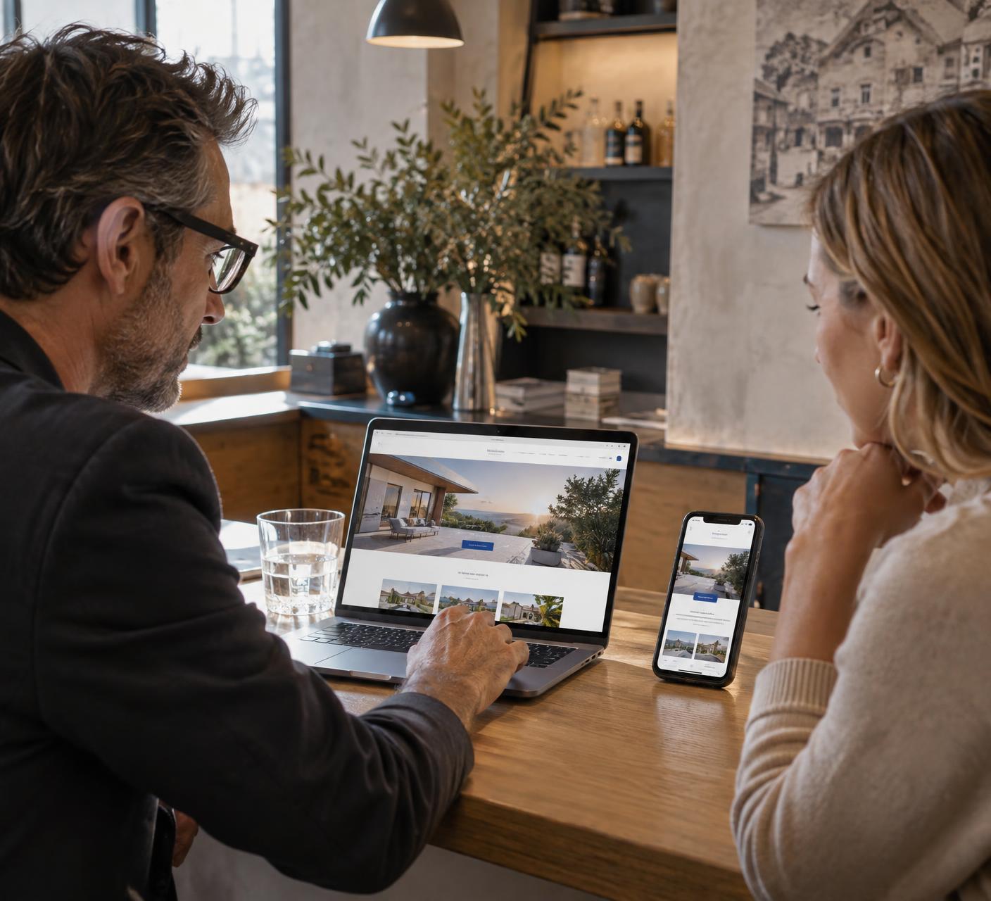 Unternehmer und Kundin betrachten gemeinsam einen responsiven Firmenauftritt auf Laptop und Smartphone